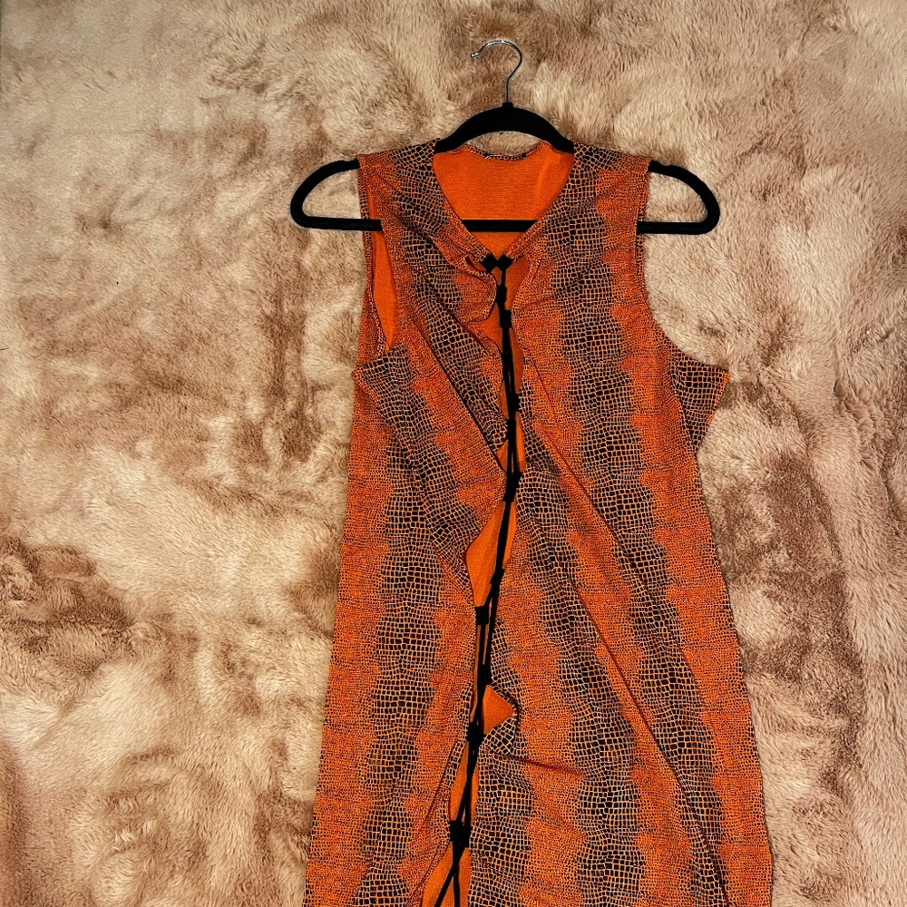 snake deco print cut out orange mini dress